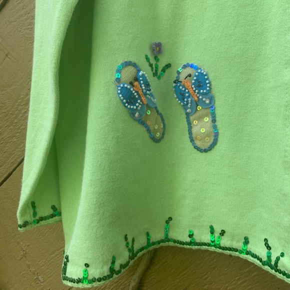 Vintage Quaker Factory long Cardigan 1X green sequence flower butterfly eclectic - Picture 3 of 16